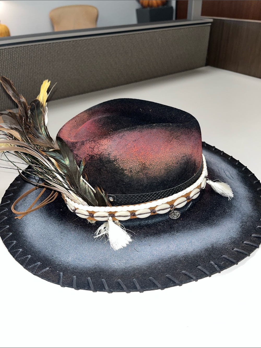 Women's Bohemian Feather Trimmed Western Hat in Black and Rust
